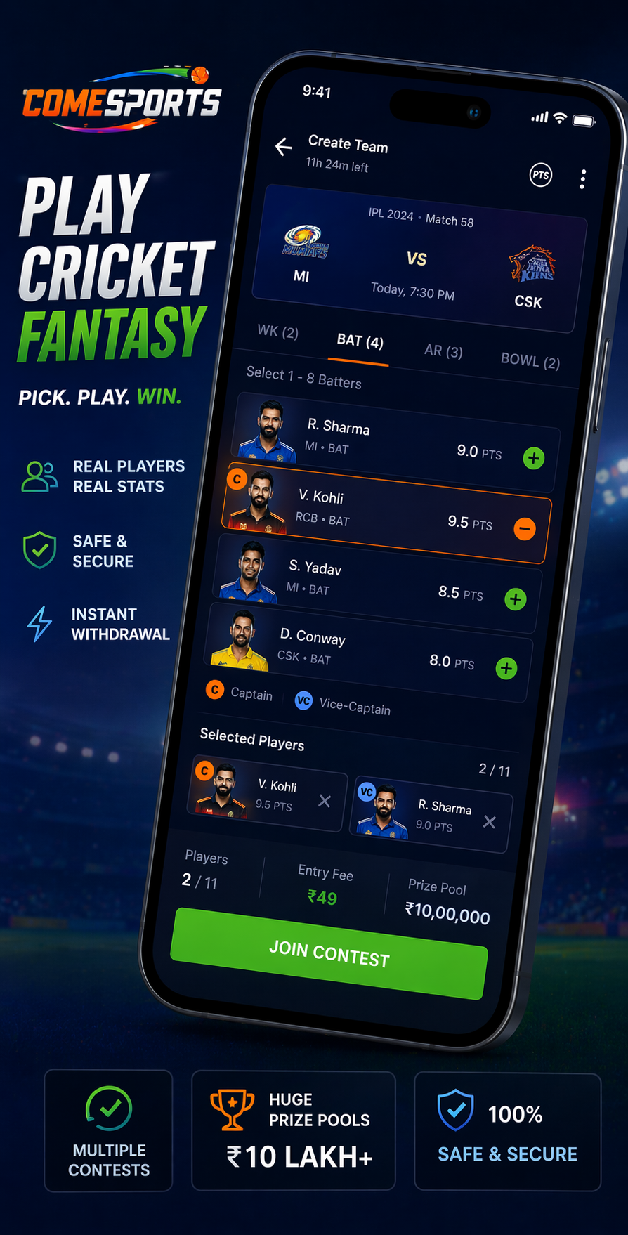 COME TO WIN cricket fantasy visual