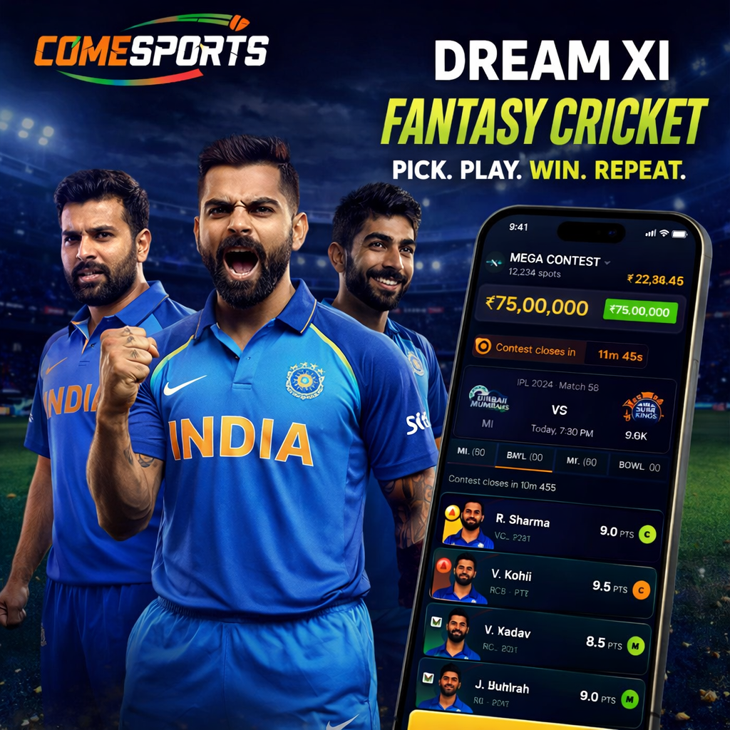 COME TO WIN fantasy cricket and India team visual